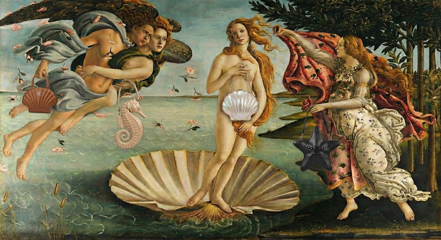 Obraz 'Narodziny Wenus' Sandra Botticelliego, ale postacie trzymają torebki Lazy Bagz.